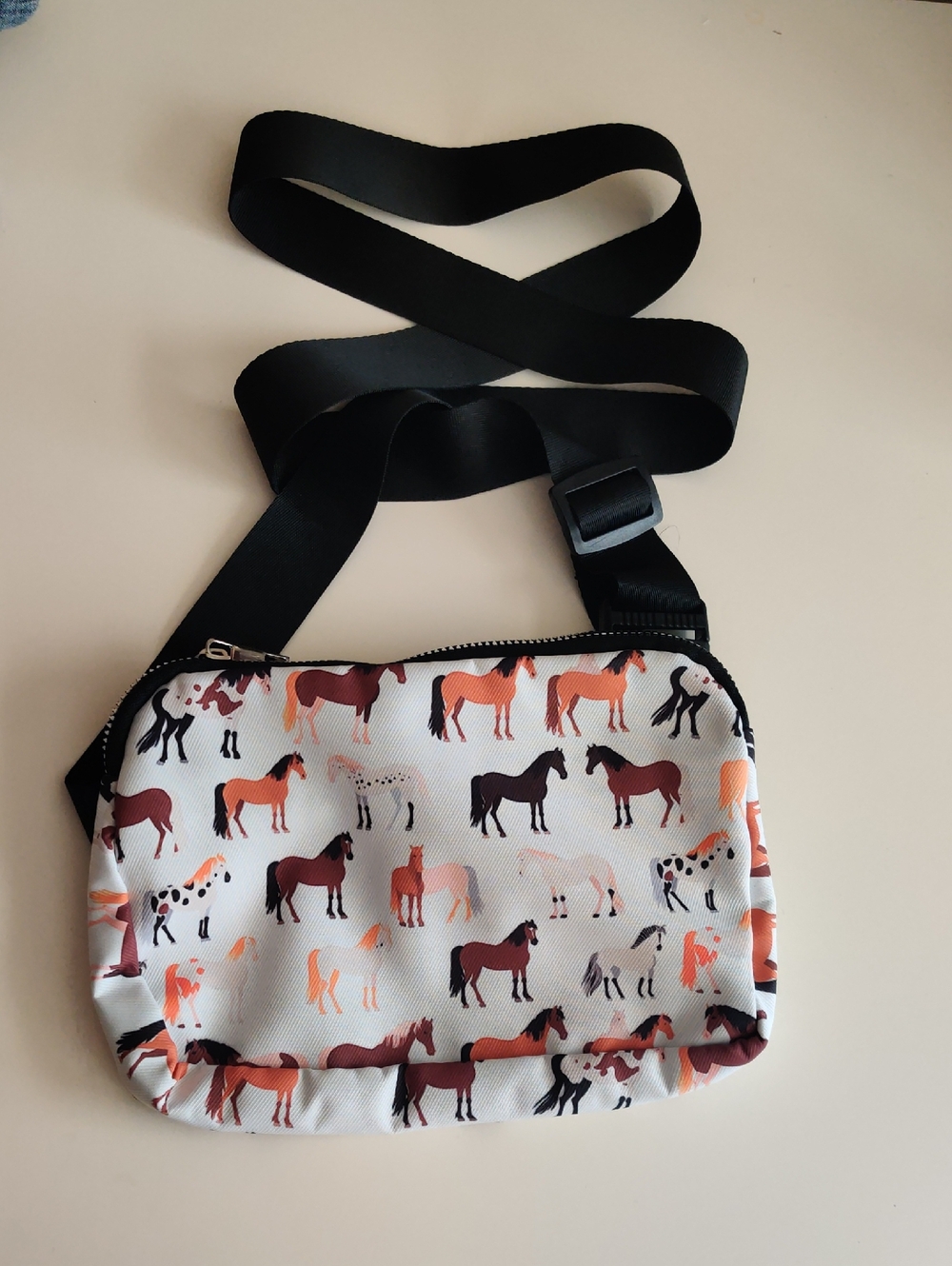 Cream Horse-Print Crossbody Bag with Black Strap (No Brand)